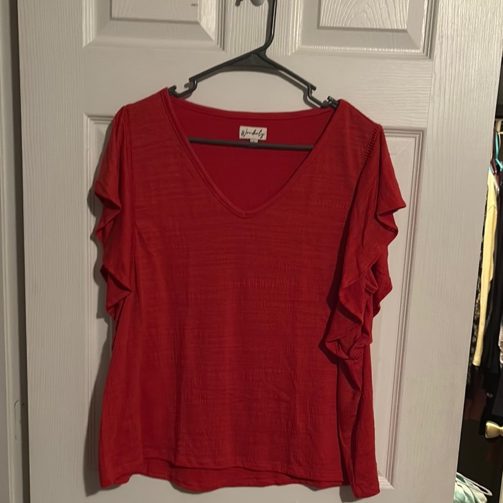 Red Orange V-Neck Ruffle Sleeve Top